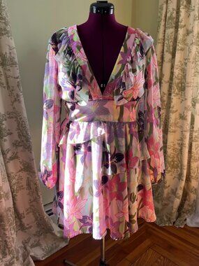 Anthropologie Hutch Pink Multi Floral V-Neck Tiered ruffled Mini Dress